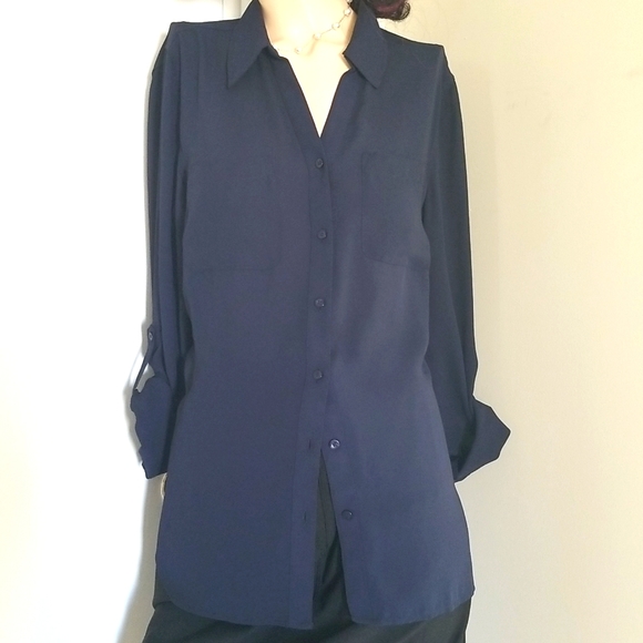 Talbots navy crepe button up blouse - Picture 2 of 10